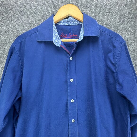 Robert Graham Shirt Medium Blue Jacquard‎ Cotton Flip Cuff Embroidered Trim - Picture 2 of 16